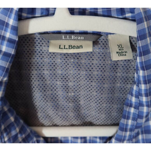 LL BEAN Vented Outdoor Button Up Roll Sleeve Top XL Blue Plaid Fishing Hiking - Picture 8 of 9